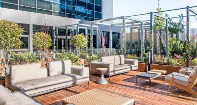 sofas and tables near building