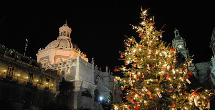 Christmas tree stands near building