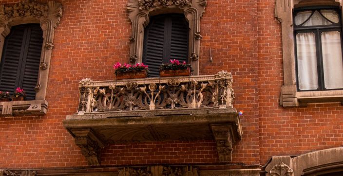 red petaled flowers on balustrade