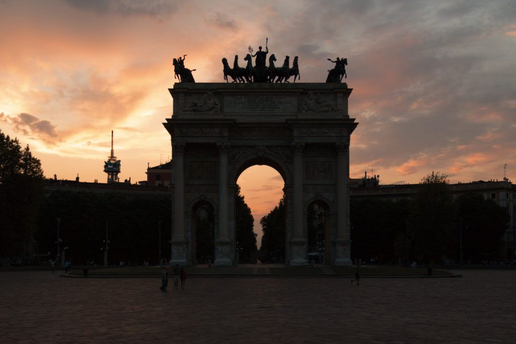 Sunset view in Milan at Arco della Pace