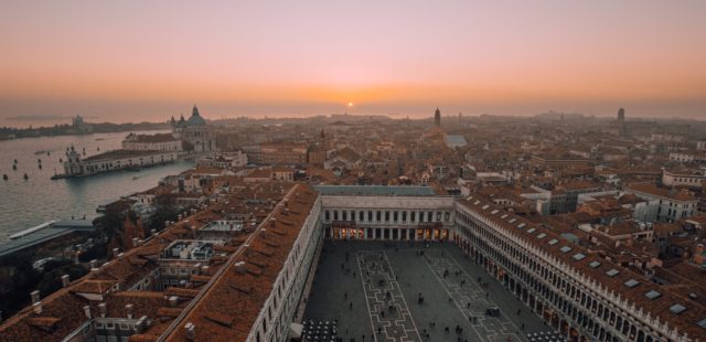Sunset view of Campanile di San Marco in Venice