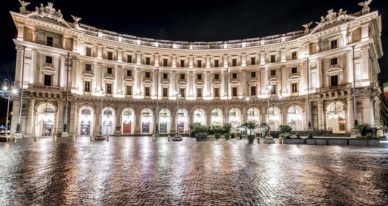 Exterior of the Palazzo Naiadi hotel in Rome at night