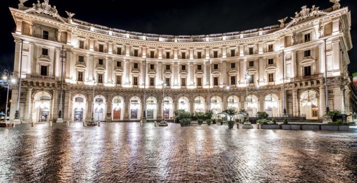 Exterior of the Palazzo Naiadi hotel in Rome at night