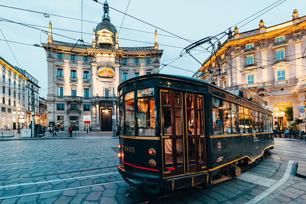 Old Tram crosses the streets of Milan