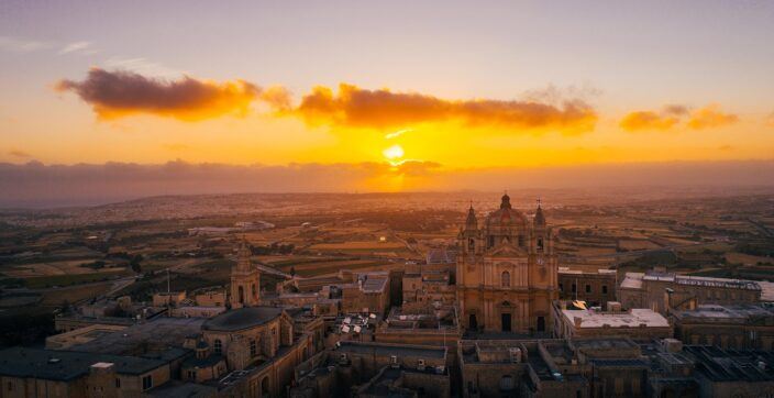 Aerial view of the walled city of Mdina at sunrise